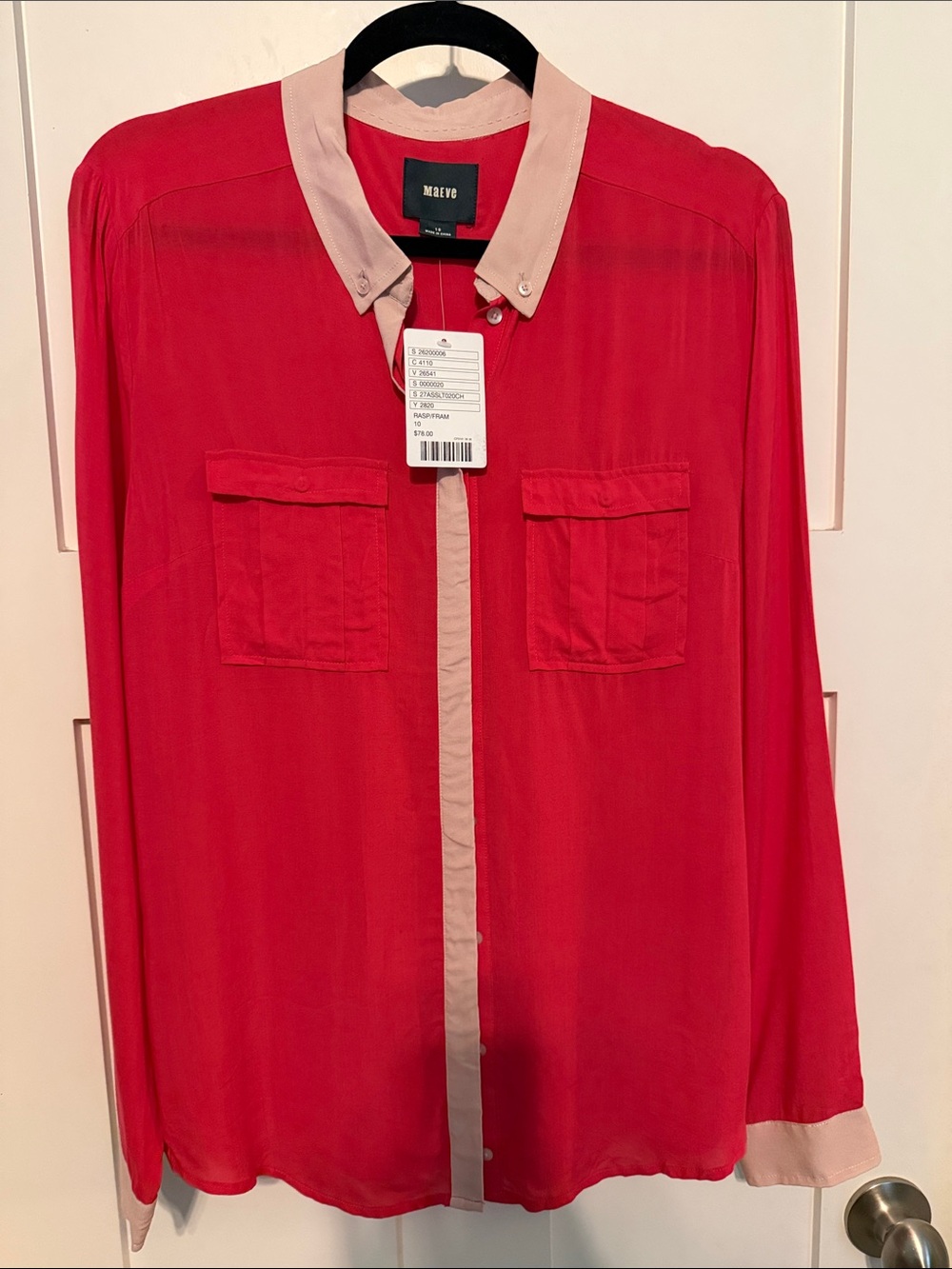 NWT Maeve Anthropologie Bright Raspberry Red Pink Shirt Jacket with Cream Trim